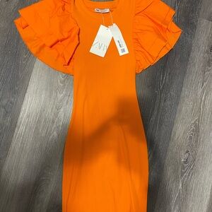 Zara Bright Orange Dress with Ruffle Sleeves